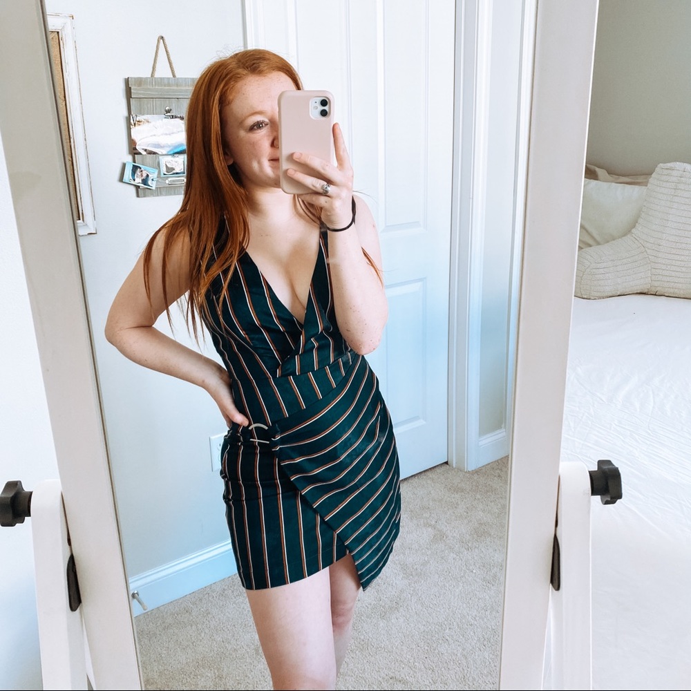 J.O.A Green Tan Striped Cocktail Dress